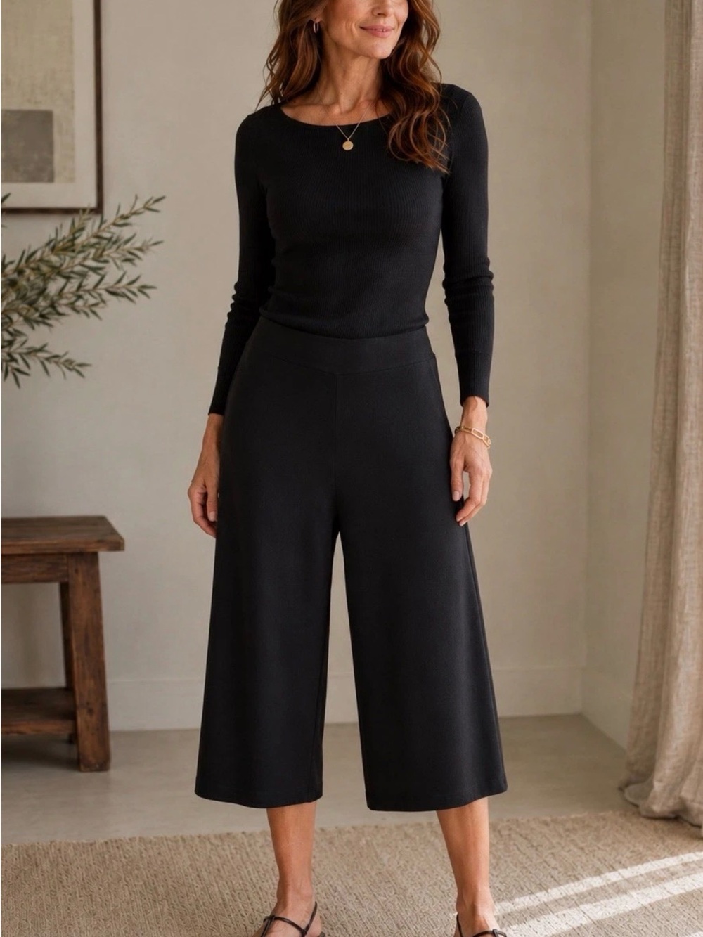 NWOT Marimekko Uniqlo Black Cotton Wide Leg Crop Pants Size S